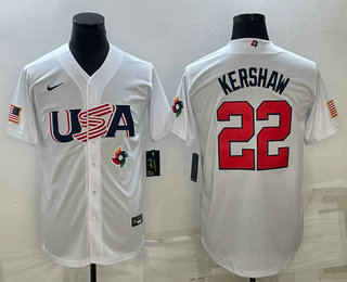Mens USA Baseball #22 Clayton Kershaw 2023 White World Baseball Classic Stitched Jersey